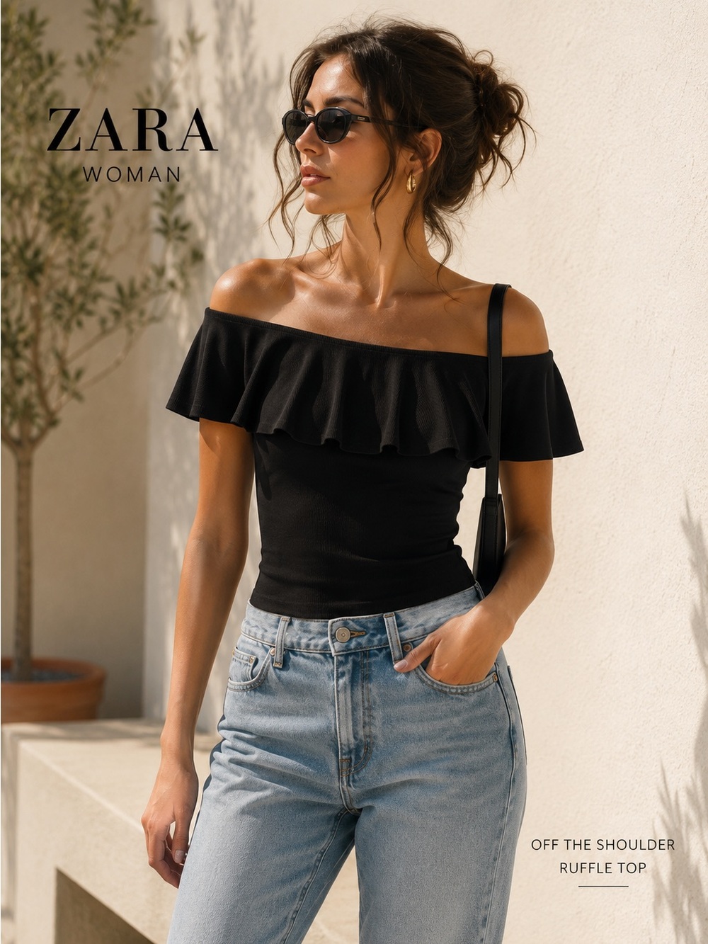 ZARA Sarah Knit Off-Shoulder Ruffle Top